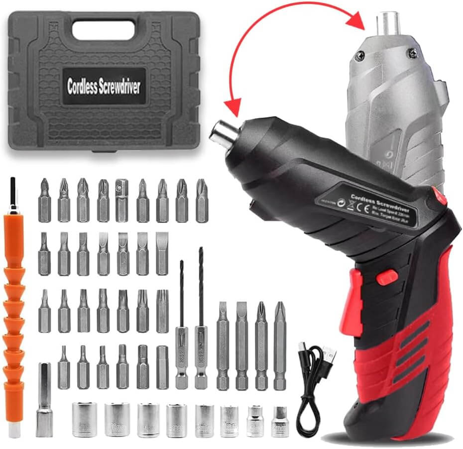 Includes bits, drill heads, adapters, and a carrying case.