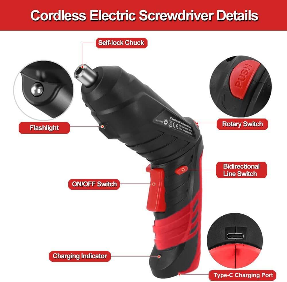 Highlights key features like the power switch, charging port, and rotation button.