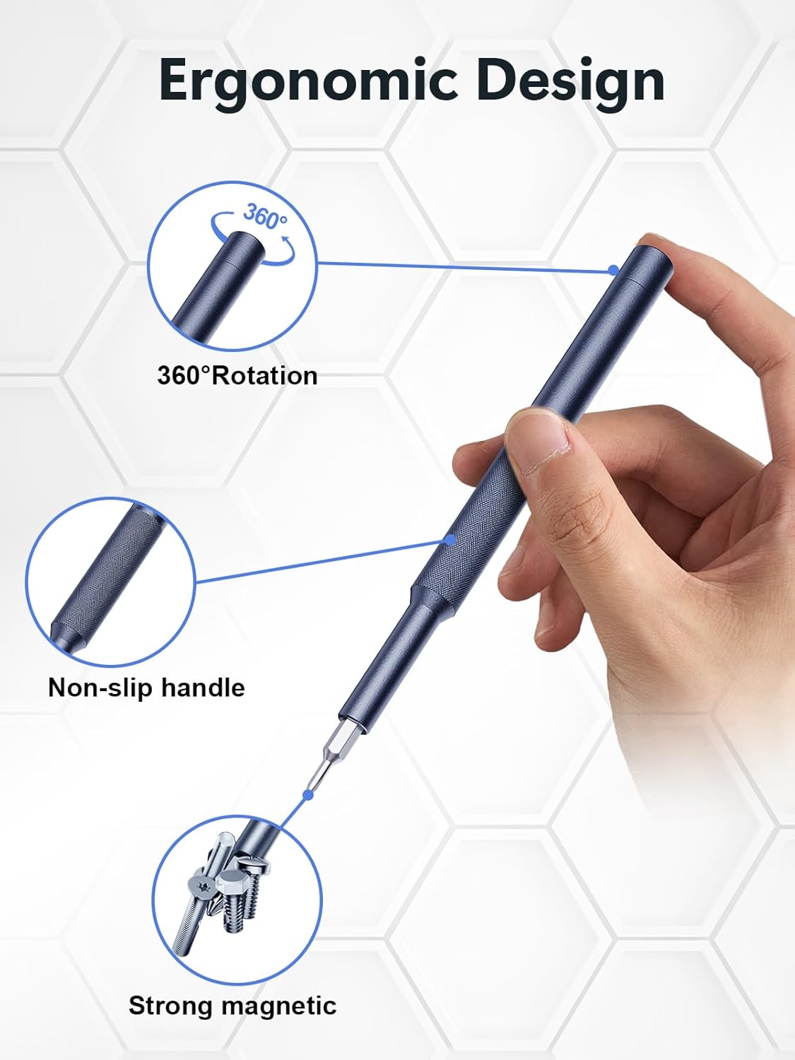 Ergonomic design of a mini precision screwdriver set with 360° rotation, non-slip handle, and strong magnetic tip.