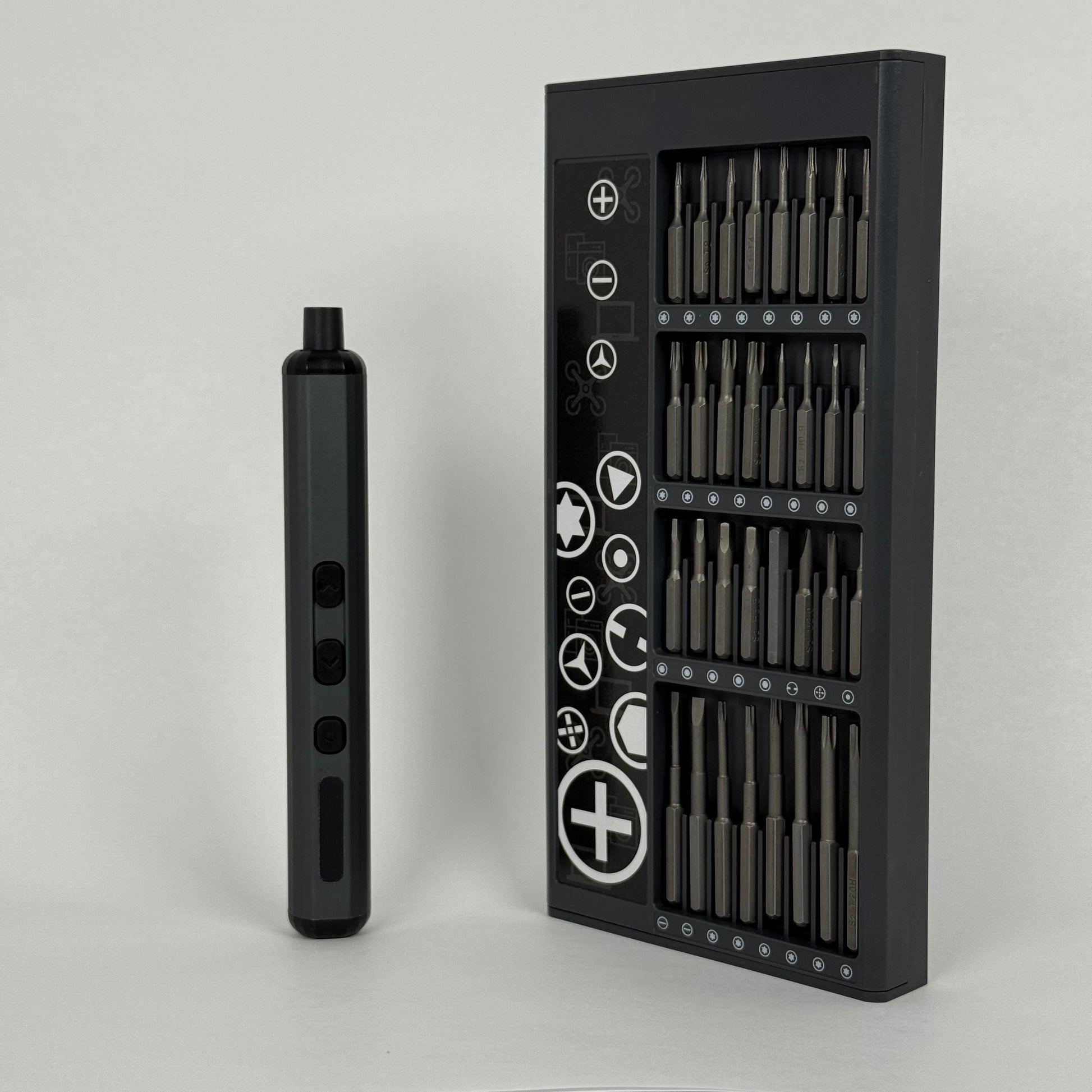 A full electric screwdriver set with 48 precision bits neatly organized in a case, ideal for electronics, watches, glasses, and other fine mechanical work.